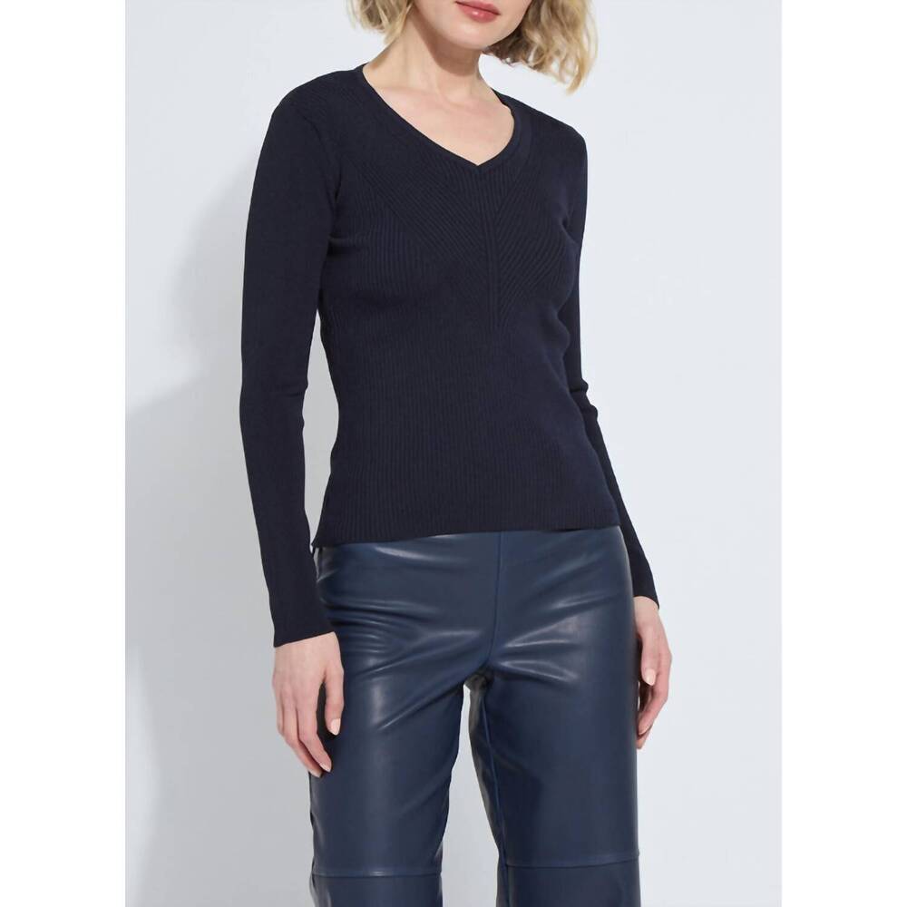 NEW LYSSE women's adette v neck ribbed long sleeve sweater in midnight